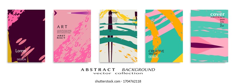 Abstract backgrouns set, grunge texture. Minimalistic art, brush strokes style. Design for card, brochure, banner idea, book cover, booklet print, flyer sheet a4. Collage page, web header template.