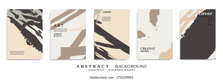 Abstract backgrouns set, grunge texture. Minimalistic art, brush strokes style. Design for card, brochure, banner idea, book cover, booklet print, flyer sheet a4. Collage page, web header template.