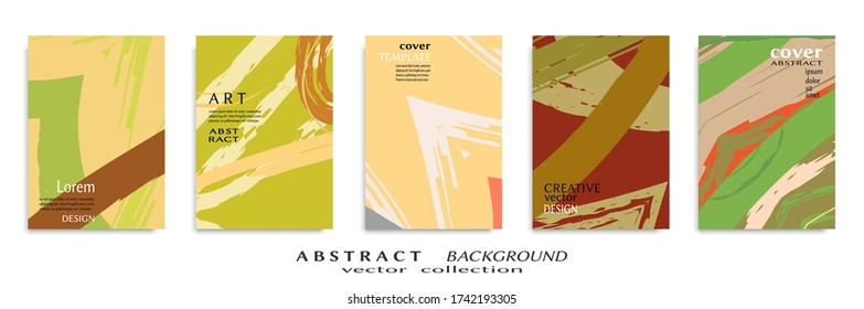Abstract backgrouns set, grunge texture. Minimalistic art, brush strokes style. Design for card, brochure, banner idea, book cover, booklet print, flyer sheet a4. Collage page, web header template.
