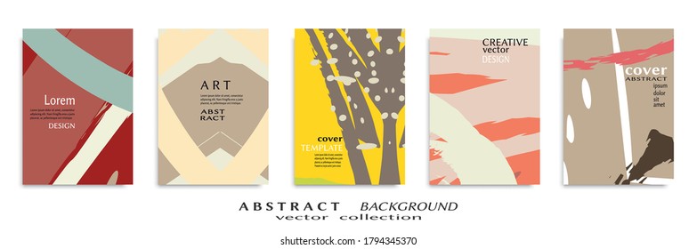Abstract backgrouns set, grunge texture. Minimalistic art, brush strokes style. Design for card, brochure, banner idea, book cover, booklet print, flyer sheet a4. Collage page, web header template.