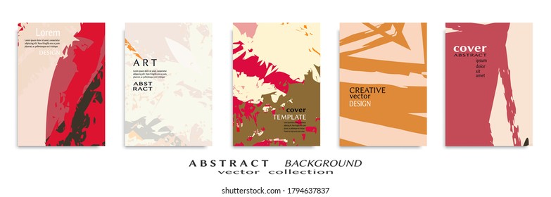 Abstract backgrouns set, grunge texture. Minimalistic art, brush strokes style. Design for card, brochure, banner idea, book cover, booklet print, flyer sheet a4. Collage page, web header template.