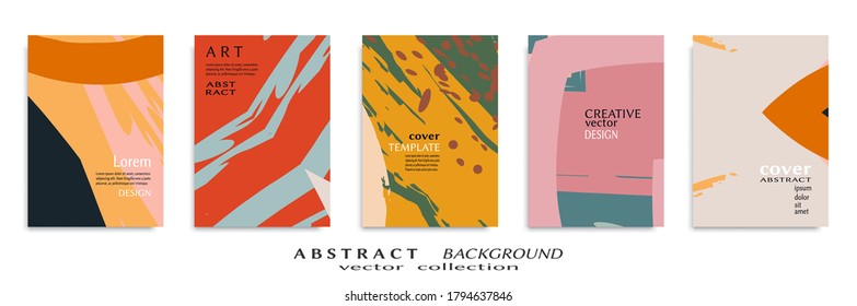 Abstract backgrouns set, grunge texture. Minimalistic art, brush strokes style. Design for card, brochure, banner idea, book cover, booklet print, flyer sheet a4. Collage page, web header template.