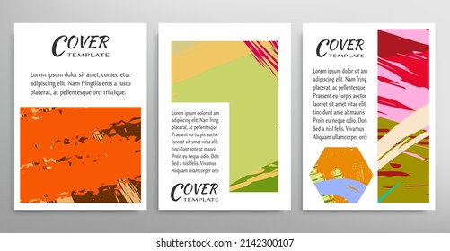 Abstract backgrouns set, grunge texture. Minimalistic art, brush strokes style. Design for card, brochure, banner idea, book cover, booklet print, flyer sheet a4. Collage page, web header template.