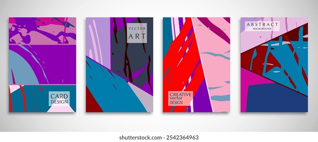Conjunto de fondos Abstractas, textura grunge. Arte minimalista, estilo de pinceladas. Diseño para tarjeta, folleto, idea de Anuncio, cubierta de libro, impresión de folleto, hoja de volante a4. Página de collage, Plantilla de encabezado de Web.