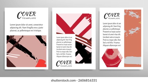 Abstract backgrouns set, grunge texture. Minimalistic art, brush strokes style. Design for card, brochure, banner idea, book cover, booklet print, flyer sheet a4. Collage page, web header template.