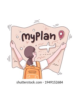 Abstract backpack treveler female checking plan to travel in cartoon character, flat vector illustration