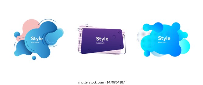 Abstract badges on white background set. Geometric and irregular shapes with sample text. Trendy minimal templates for presentations, banners, posters and flyers. Vector illustration