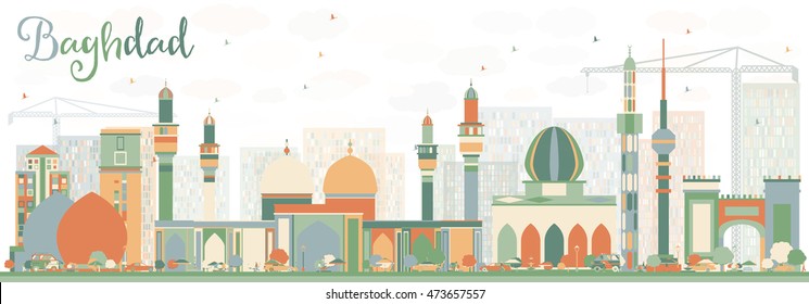 Abstract Baghdad Skyline with Color Buildings. Vector Illustration. Business Travel and Tourism Concept with Historic Buildings. Image for Presentation Banner Placard and Web Site.