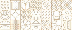 Abstract Bakery And Bread Modern Line Geometric Pattern. Vector Background With Outline Toast, Bun, Muffin, Pretzel And Loaf, Croissant, Pastry And Cereal Or Wheat Ears Inside Of Square Mosaic Blocks
