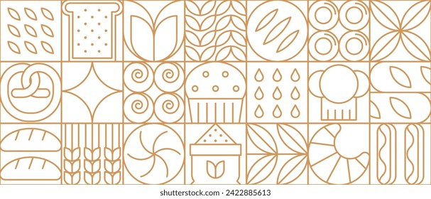 Abstract bakery and bread modern line geometric pattern. Vector background with outline toast, bun, muffin, pretzel and loaf, croissant, pastry and cereal or wheat ears inside of square mosaic blocks