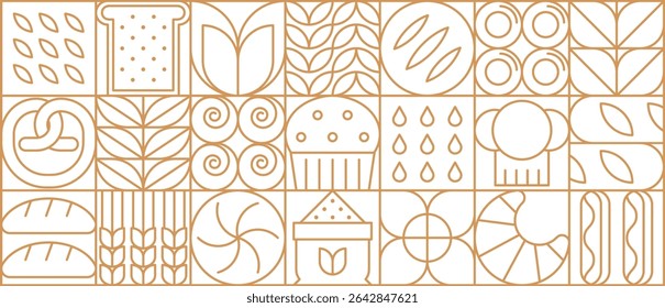 Padaria abstrata e pão padrão geométrico linha moderna. Fundo de vetor com torrada contorno, bun, muffin, pretzel e pão, croissant, pastelaria e orelhas de cereal ou trigo dentro de blocos de mosaico quadrado