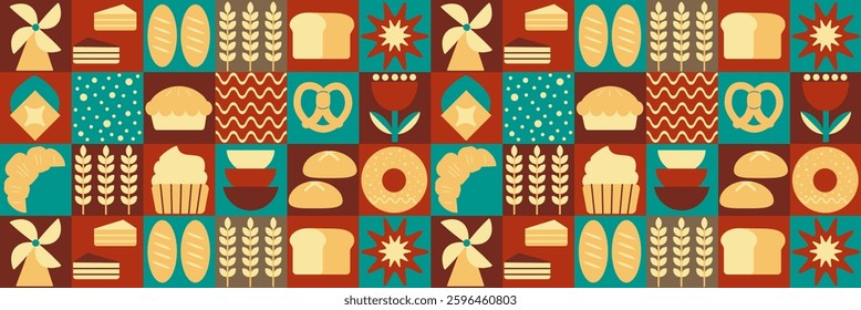 Abstract bakery menu background with line drawing. Geometric pattern Bauhaus bread, croissant, donut. Bakery line pattern.