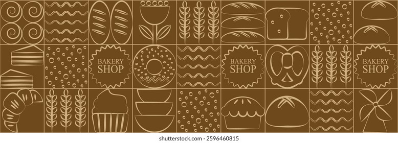Abstract bakery menu background with line drawing. Geometric pattern Bauhaus bread, croissant, donut. Bakery line pattern.