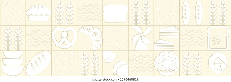 Abstract bakery menu background with line drawing. Geometric pattern Bauhaus bread, croissant, donut. Bakery line pattern.