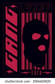 Abstract balaclava poster. Acid Graphic style, Rave, Text design, Bang, Gang, isolated on black background