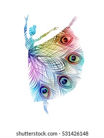 Abstract Ballerina With Peacock Feathers. Vector Isolated Colorful Silhouette.