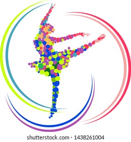 An abstract ballet dancer vector art concept surrounded by colored semi-circle motion. Editable Clip Art.