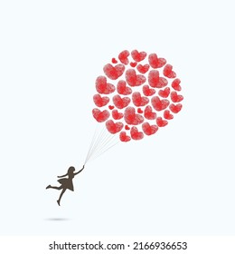 Abstract Balloon Silhouette With Heart Shape Fingerprints And Flying Girl