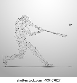 Abstract ballplayer with cybernetic particles. Polygonal digital background. Point and curve constructed theballplayer silhouette wireframe. 