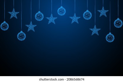 Abstract balls and stars hanging down. Design ideas about christmas or new year's Day. Digital low poly wireframe style design with connection points. vector illustration
