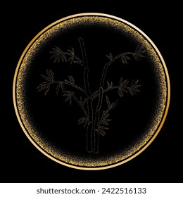Abstract bamboo background in the form of gold dust in a gold frame. Silhouette of bamboo icon.
