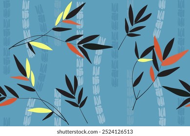 Abstract bamboo stems with leaves on blue background. Seamless plant pattern for wallpaper, fabric, packaging design