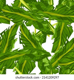 Abstract banana leaf seamless pattern. Camouflage background of tropical leaves. Repeated design texture for printing, fabric, wrapping paper, fashion, interior, wallpaper, tissue.Vector illustration.