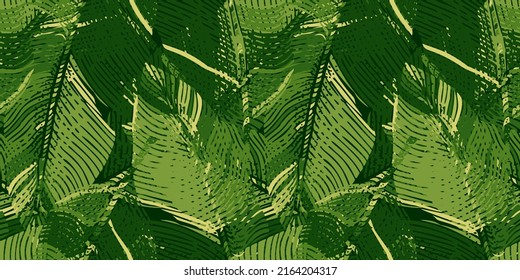 Abstract banana leaf seamless pattern. Engraving camouflage botanical background. Vector repeated design military texture for fabric, wallpaper, textile, print, wrapping paper.