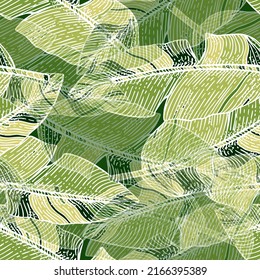 Abstract banana leaf seamless pattern. Engraving camouflage botanical background. Vector repeated design military texture for fabric, wallpaper, textile, print, wrapping paper.