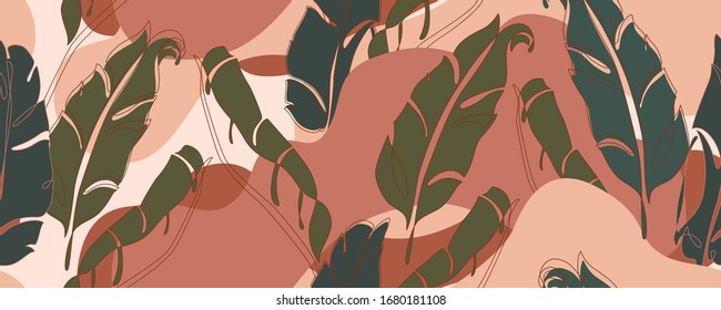 Abstract banana leaves in one line art and paper collage styles. Lush foliage seamless pattern. Tropical leaves background with fluid abstract shapes. Vector botanical illustration in minimal style