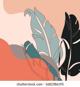 Abstract banana leaves in one line art and paper collage styles. Tropical leaves background with fluid abstract shapes. Vector foliage illustration in minimal style