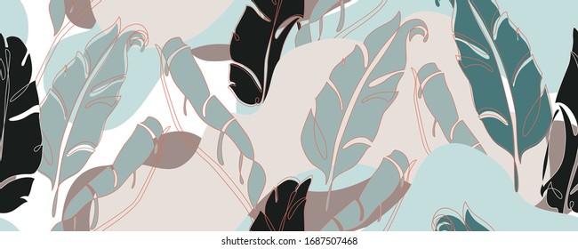 Abstract banana leaves in one line art and paper cutout styles. Lush foliage seamless pattern. Tropical leaves background with fluid abstract shapes. Vector botanical illustration in natural colors