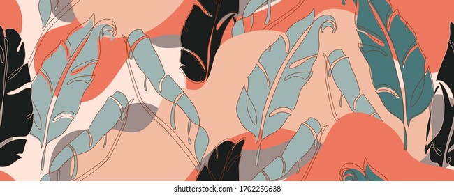 Abstract banana leaves in one line art and paper collage styles. Lush foliage seamless pattern. Tropical leaves background with fluid abstract shapes. Vector botanical illustration in minimal style