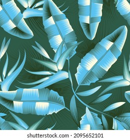 abstract banana leaves tropical seamless pattern with bird of paradise flowers plants and foliage on delicate background. vector design. wallpaper decorative. Floral background. Exotic Summer design