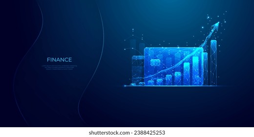 Abstract bank card and light blue graph chart hologram on technology dark background. Growth of percentage or cashback money, finance concept. Digital crypto business. Low poly vector illustration.