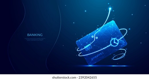 Abstract bank card with neon swoosh with percentage and time icon. Deposit or cash back concept. Digital money, online payment, and credit cards in light blue neon on a technology background. Vector
