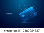 Abstract bank credit card on technology dark blue background. Payment element in futuristic hologram style. Digital money and crypto metaphor. Finance concept. Low poly wireframe vector illustration.