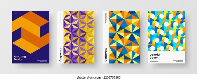 Abstract banner A4 design vector layout bundle. Colorful mosaic shapes journal cover illustration set.