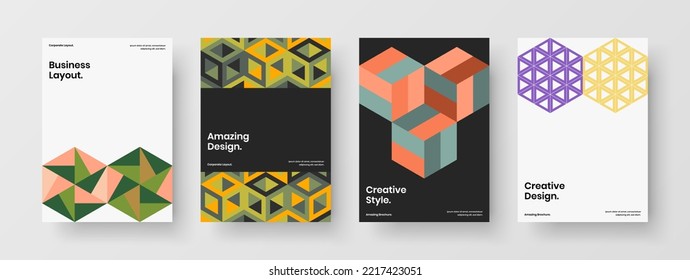 Abstract banner A4 design vector template collection. Fresh geometric hexagons magazine cover illustration bundle.