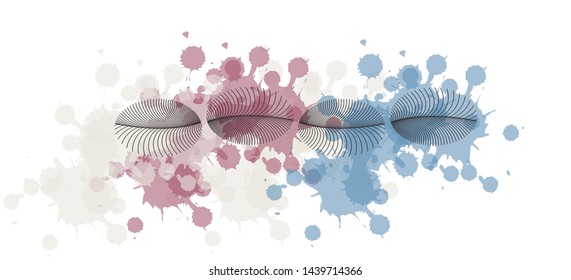 abstract banner background with feathers and ink splatters in soft blue pink shades