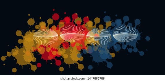 abstract banner background with feathers and ink splatters in black gold shades