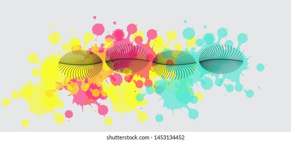 abstract banner background with feathers and ink splatters in silver pink yellow shades