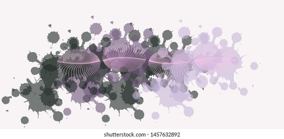 abstract banner background with feathers and ink splatters in soft purple silver shades