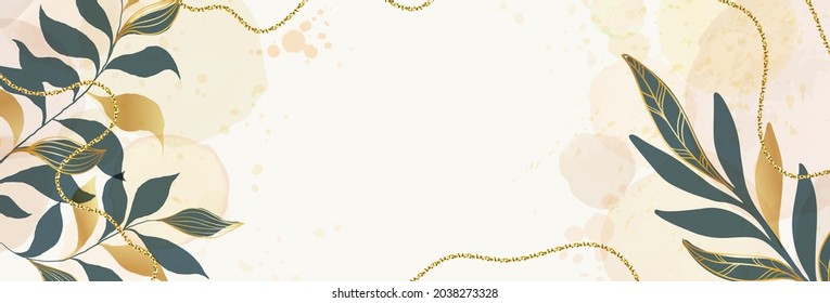 Abstract banner background with golden leaves and watercolor stains. Modern trendy background, abstact art minimalist style. Design for wall decoration, postcard, poster or brochure decorative design