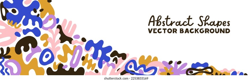 Abstract banner, background with modern creative trendy fluid shapes, doodle organic minimalist elements pattern and space for text. Contemporary panoramic backdrop design. Flat vector illustration