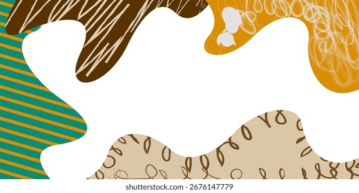 Abstract banner background with paper cutout collage and pencil scribbles forming a frame border on white. Vector illustration