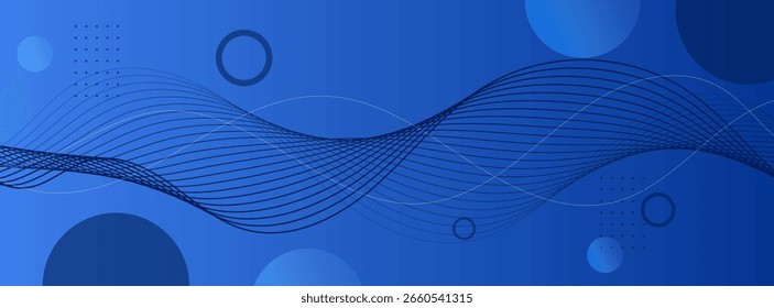 Abstract banner background with wavy lines and circles in gradient blue tones for website or graphic design projects.