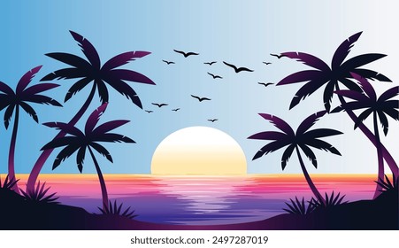 abstract, banner, beach, beach sunset, beautiful, birds, california, card, caribbean, cartoon, coast, coconut, design, evening, exotic, flat, fresh, hawaii, holiday, horizon, illustration, island, lan