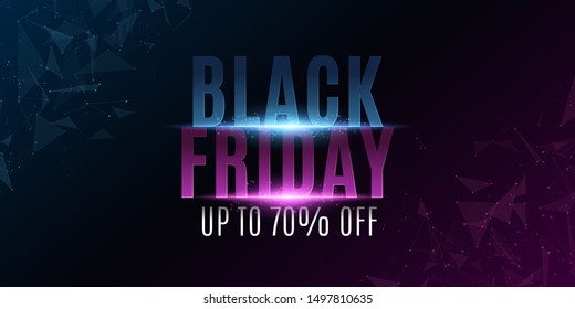 Abstract banner for black friday. Grand sale. Glowing plexus triangles. Modern design for your business project. Stylish glowing text with flashes. Vector illustration. EPS 10