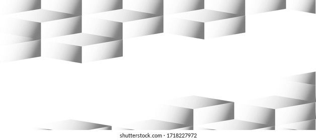 Abstract banner. Black and white 3D image. Volumetric squares in the gradient.